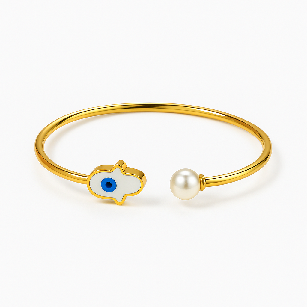 Gold Hasma Shaped with Artificial Pearls Bangle
