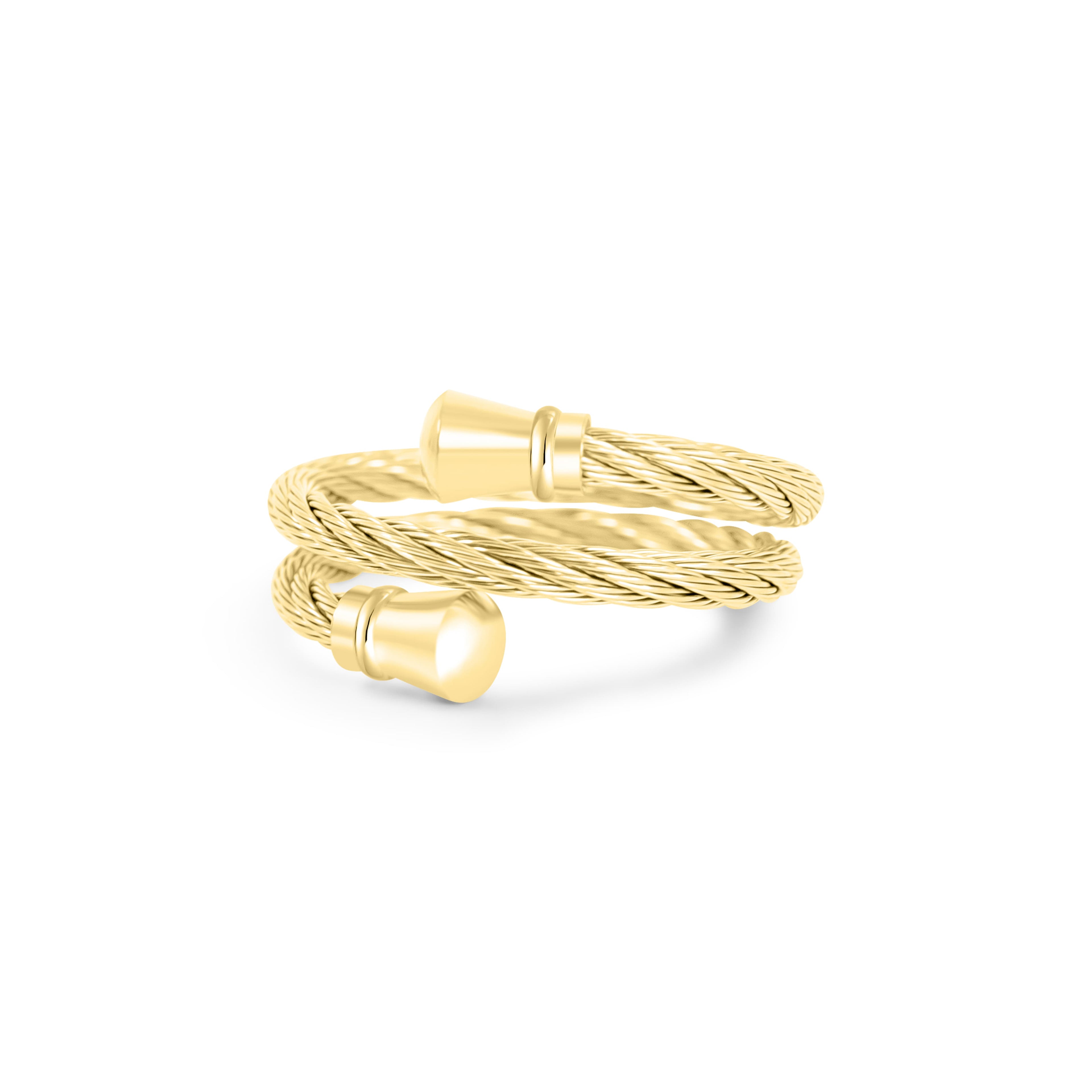 Model wearing gold bracelet and ring