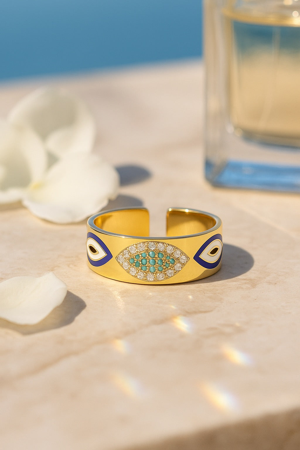 Elegant round evil eye ring