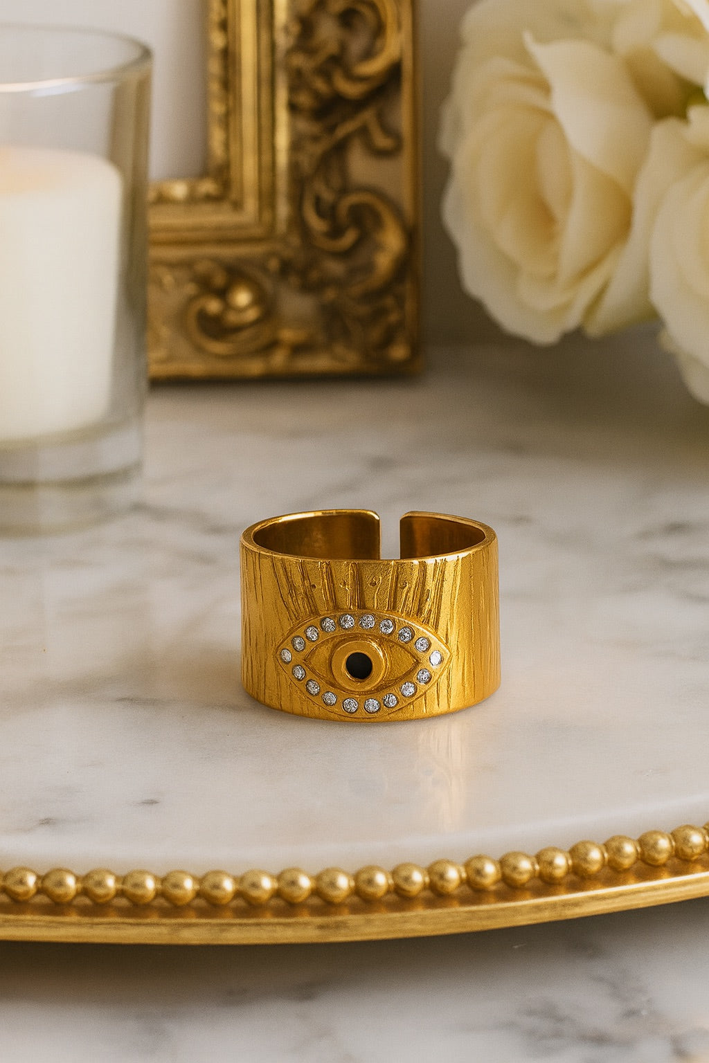 Blue Rhinestone 18k Gold Plated Open Ring