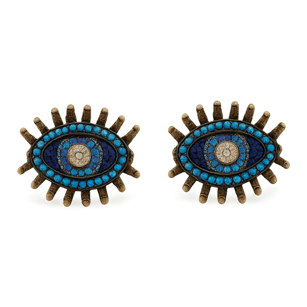 Blue Inlaid Pearls Evil Eye Earrings
