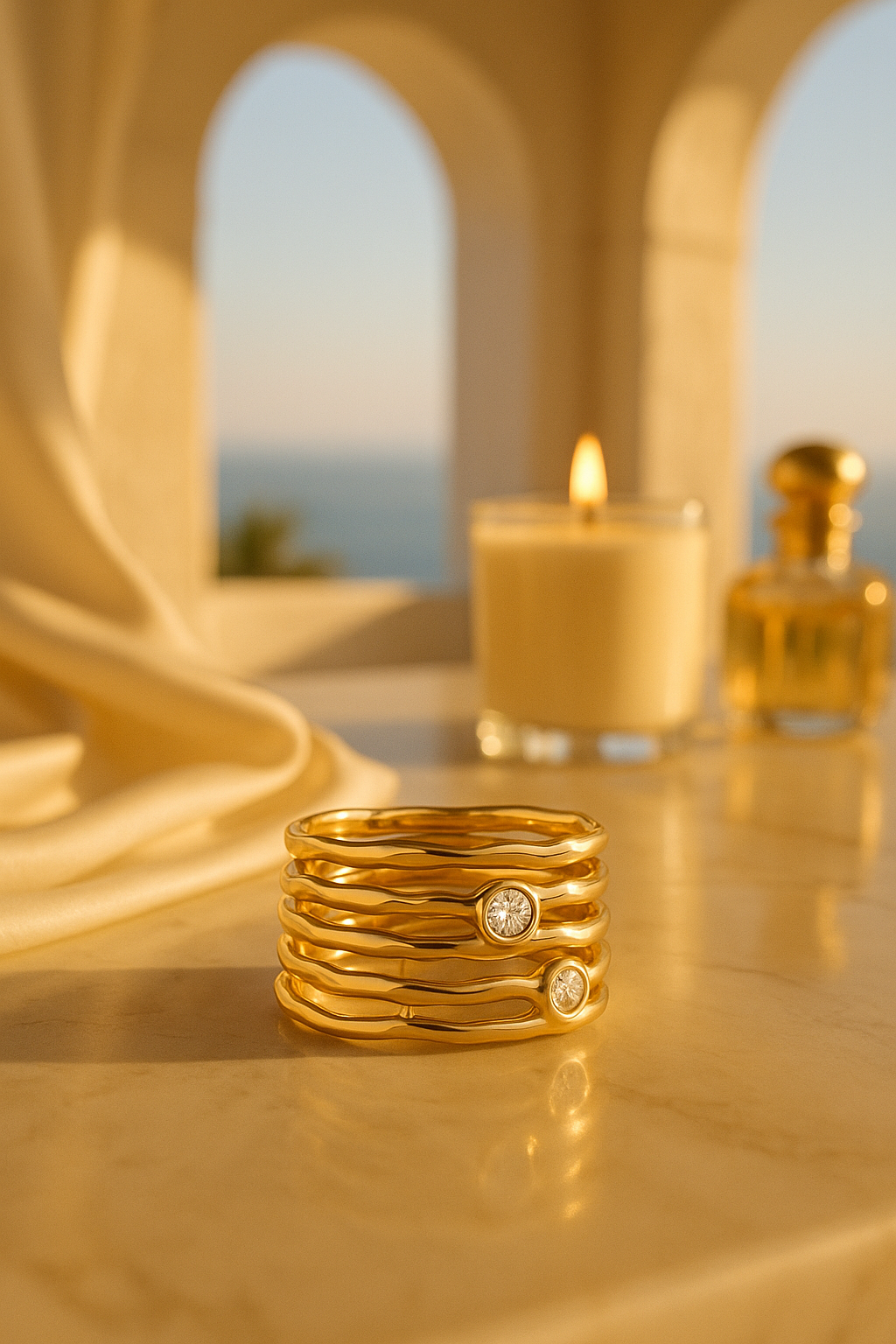 Gold Wide Multiple Bamboo Geometric Cz Band Statement Ring