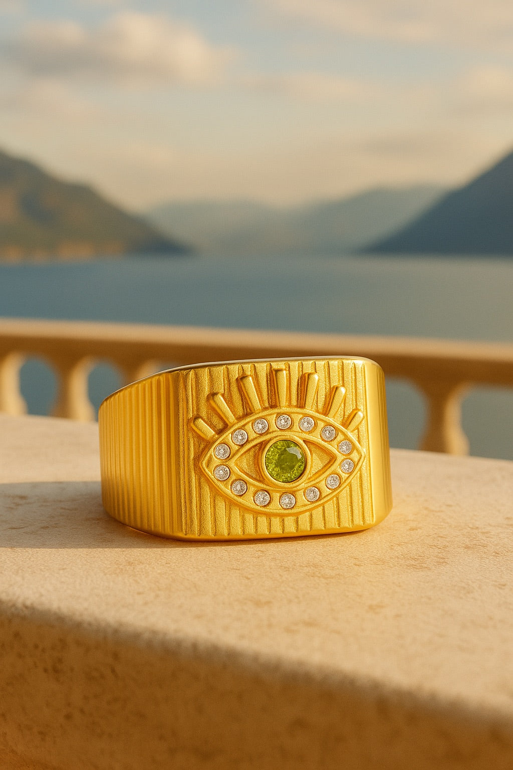 Green Rhinestone 18k Gold Plated Open Ring