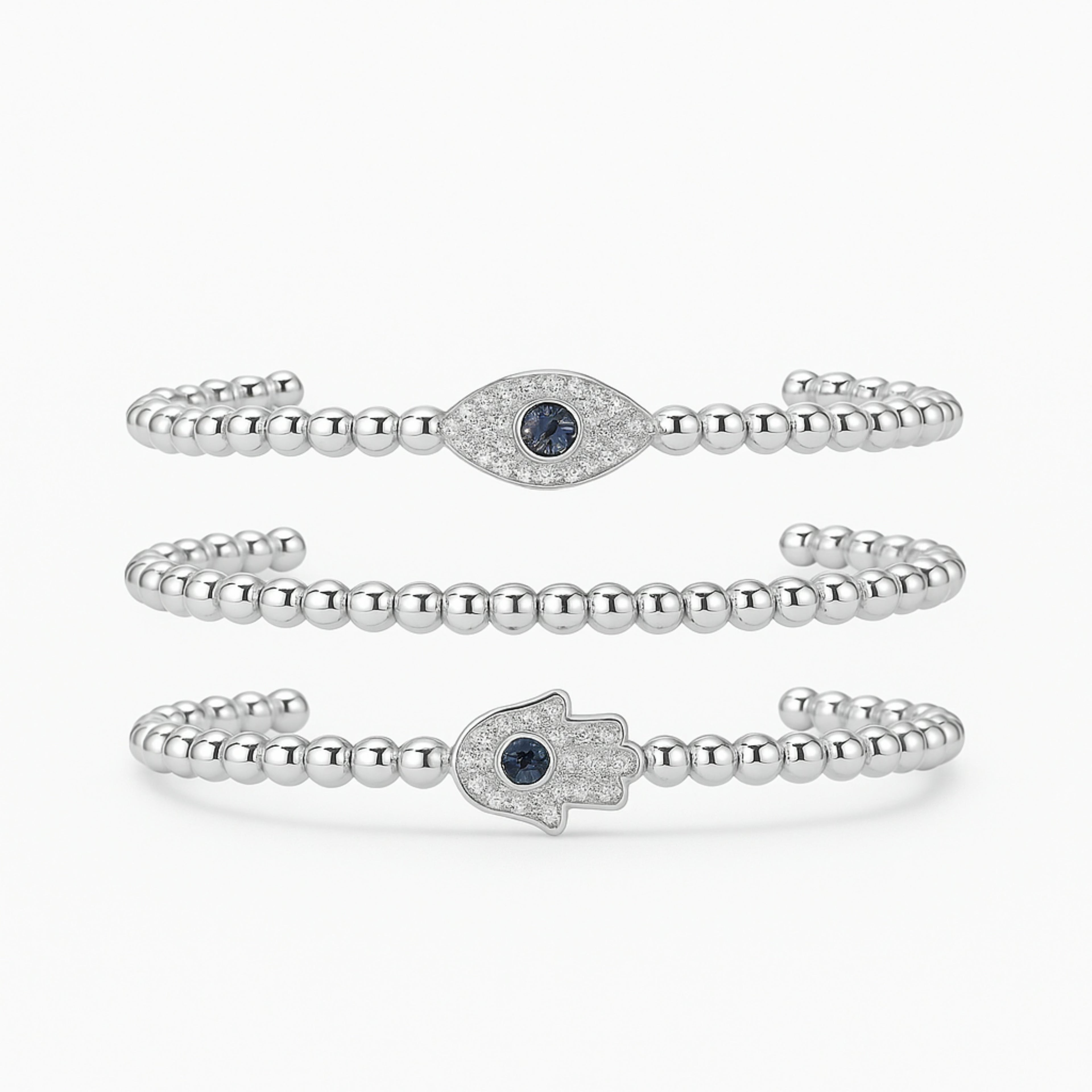 Hamsa & Evil Eye Bracelet Duo - Titanium & Cubic Zirconia Beaded Stretch Bracelets