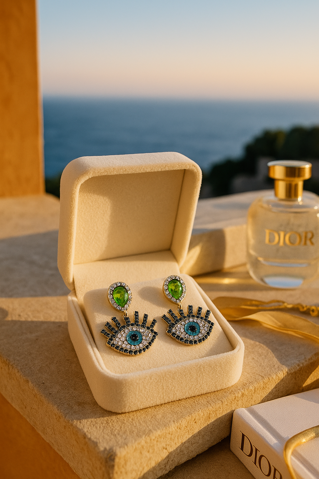 Green Diamond-studded Evil Eye Earrings