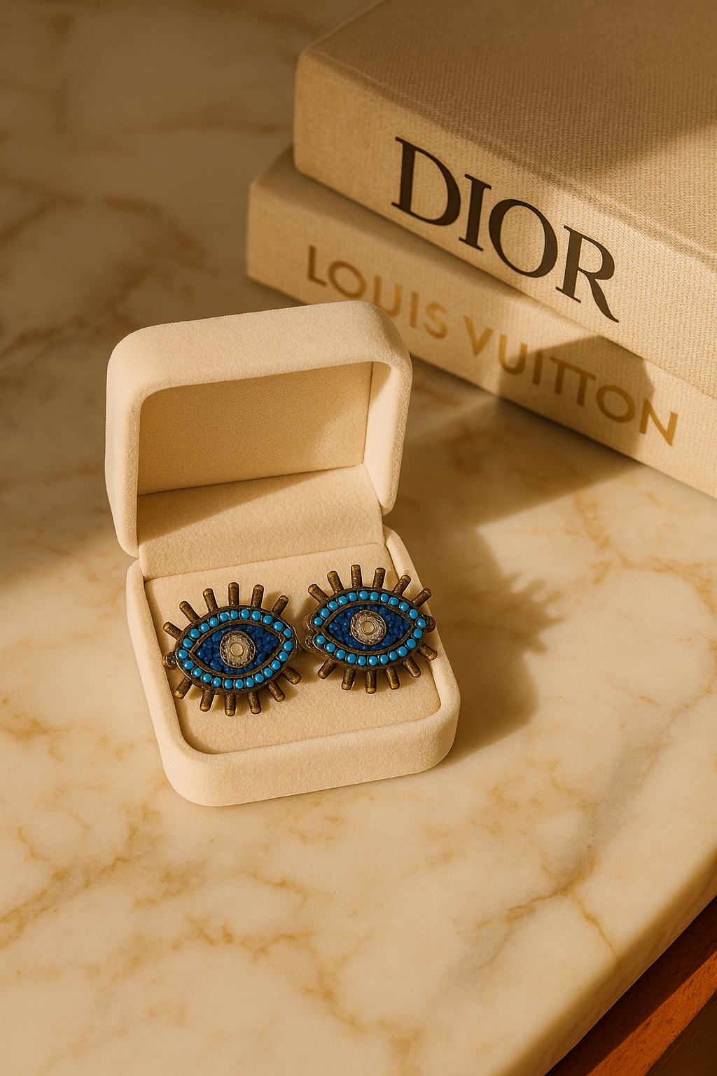 Blue Inlaid Pearls Evil Eye Earrings