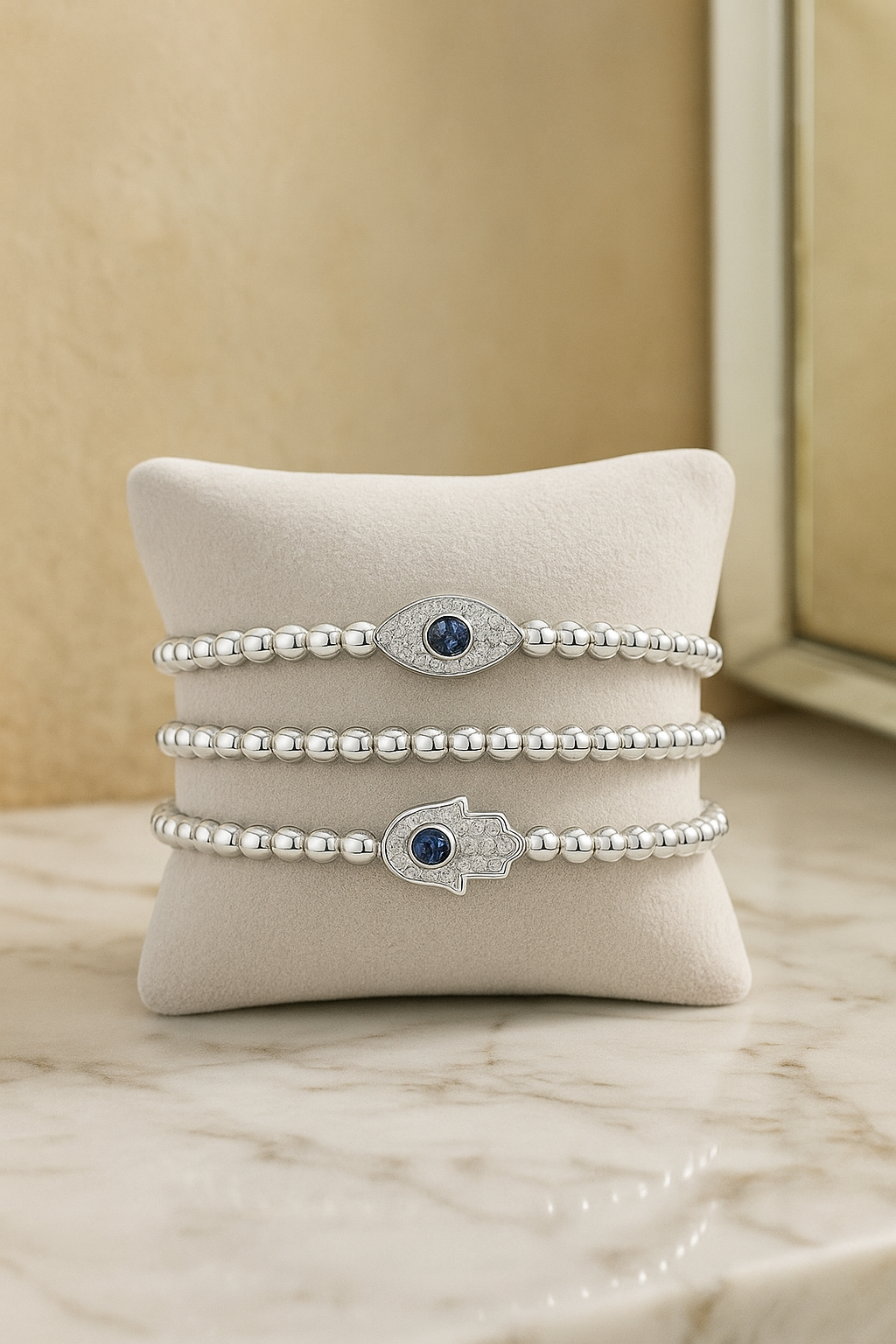 Hamsa & Evil Eye Bracelet Duo - Titanium & Cubic Zirconia Beaded Stretch Bracelets