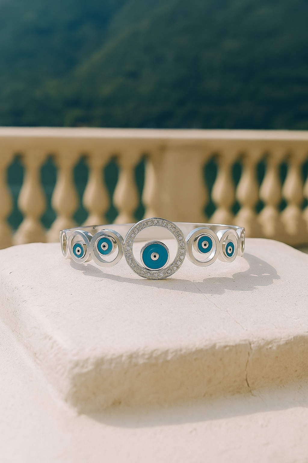 Silver & Blue Evil Eye Bangle