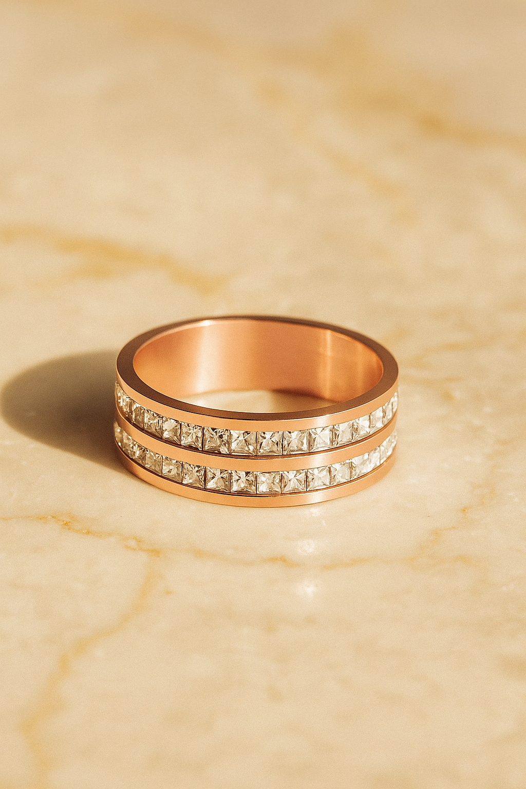 Rose Gold Rhinestone Ring – Titanium Steel Geometric Band