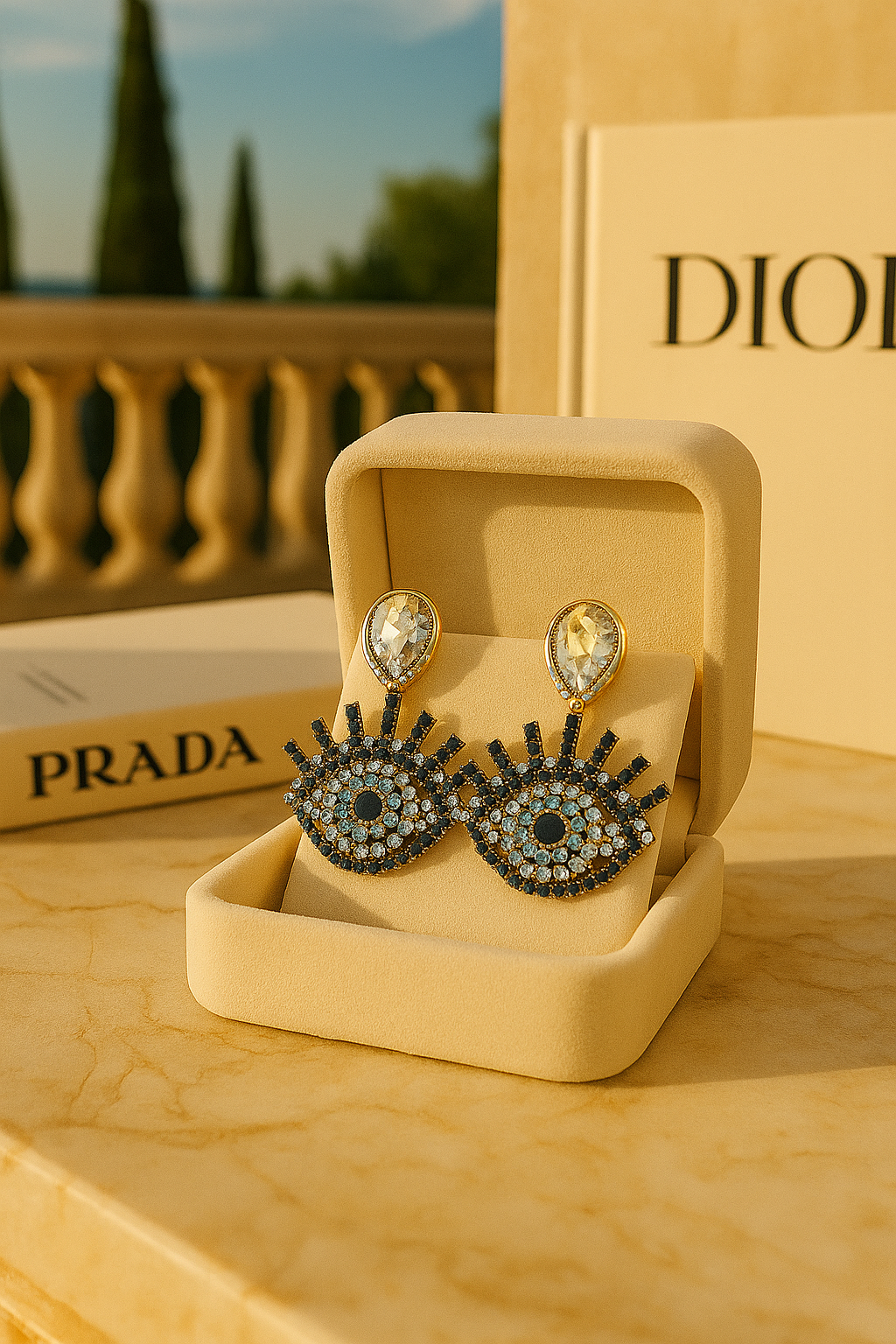 White Diamond-studded Evil Eye Earrings