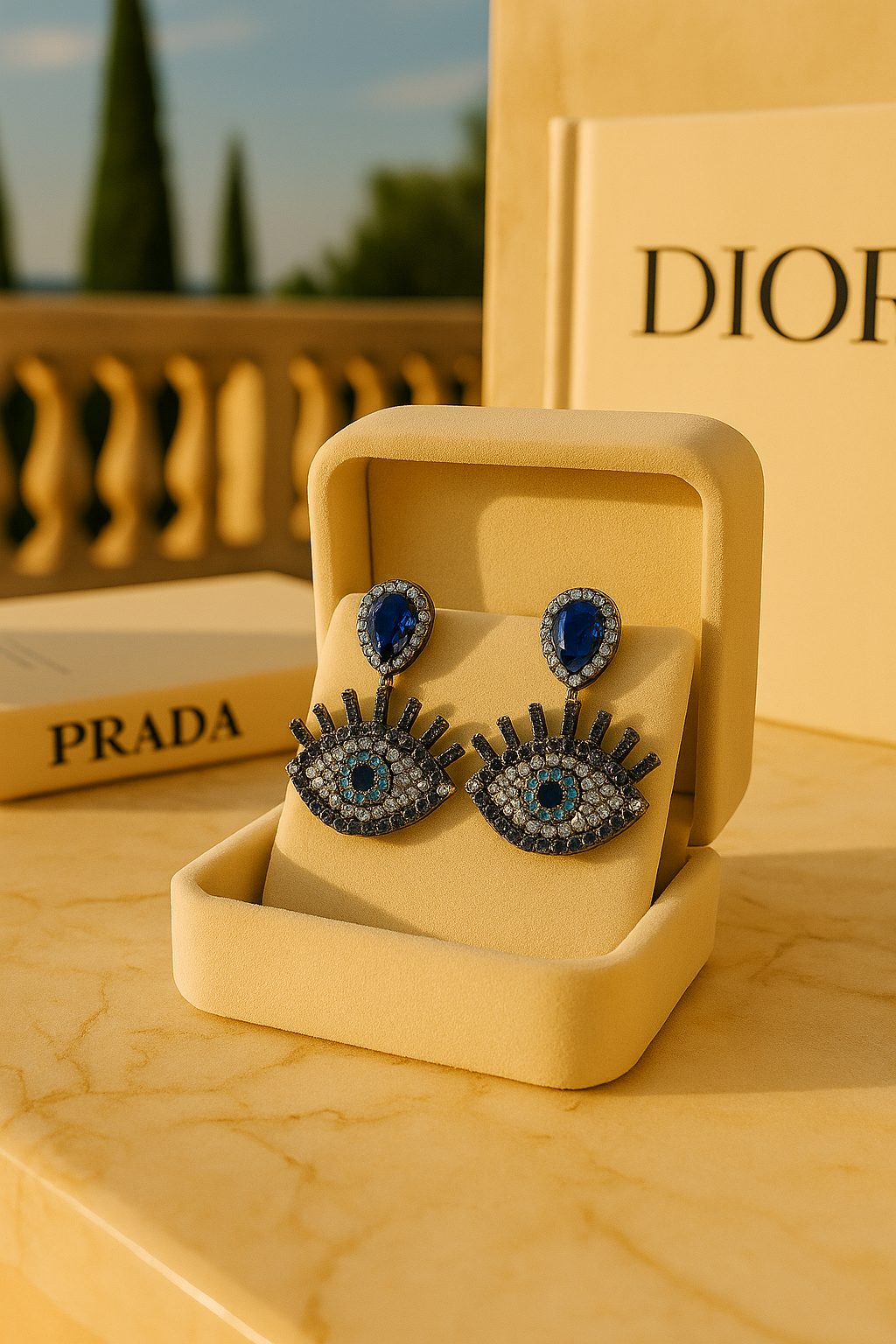 Blue Diamond Studded Evil Eye Earrings