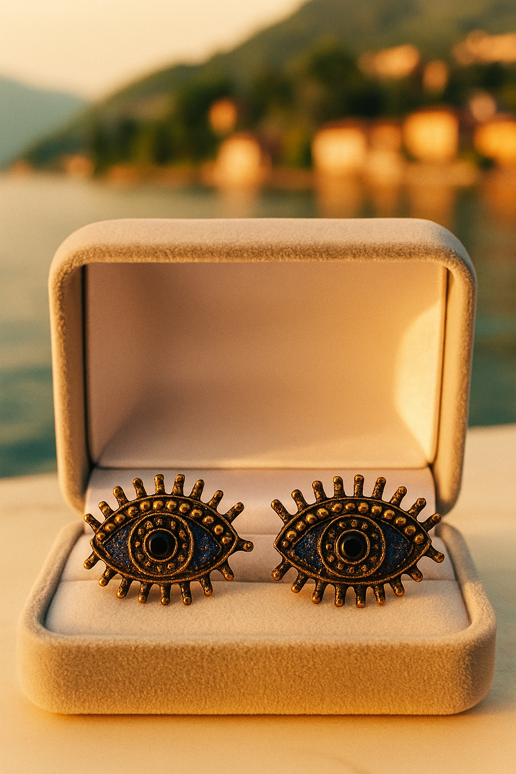 Blue & white Inlaid Pearls Evil Eye Earrings