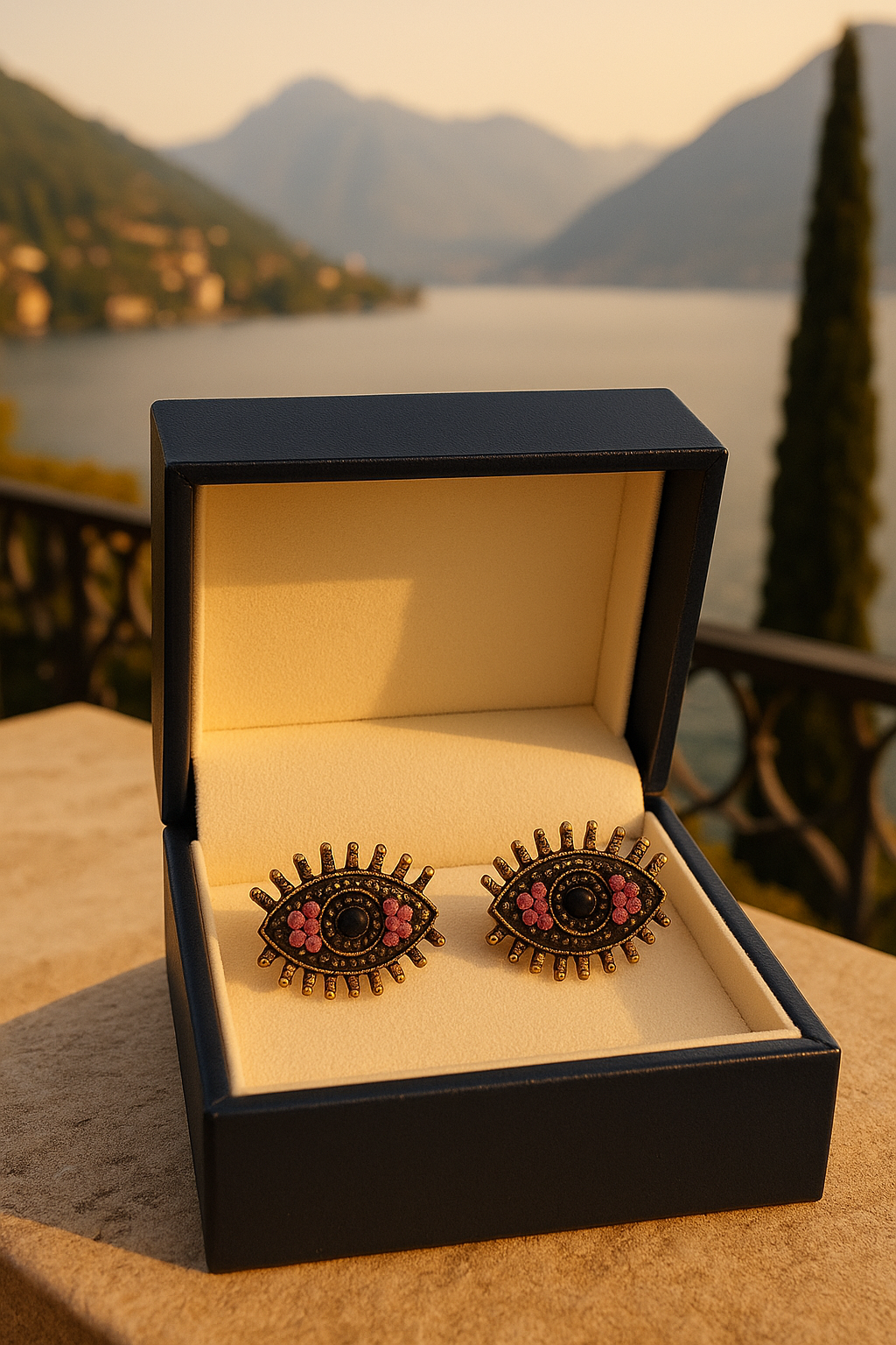 Pink Inlaid Pearls evil eye earrings