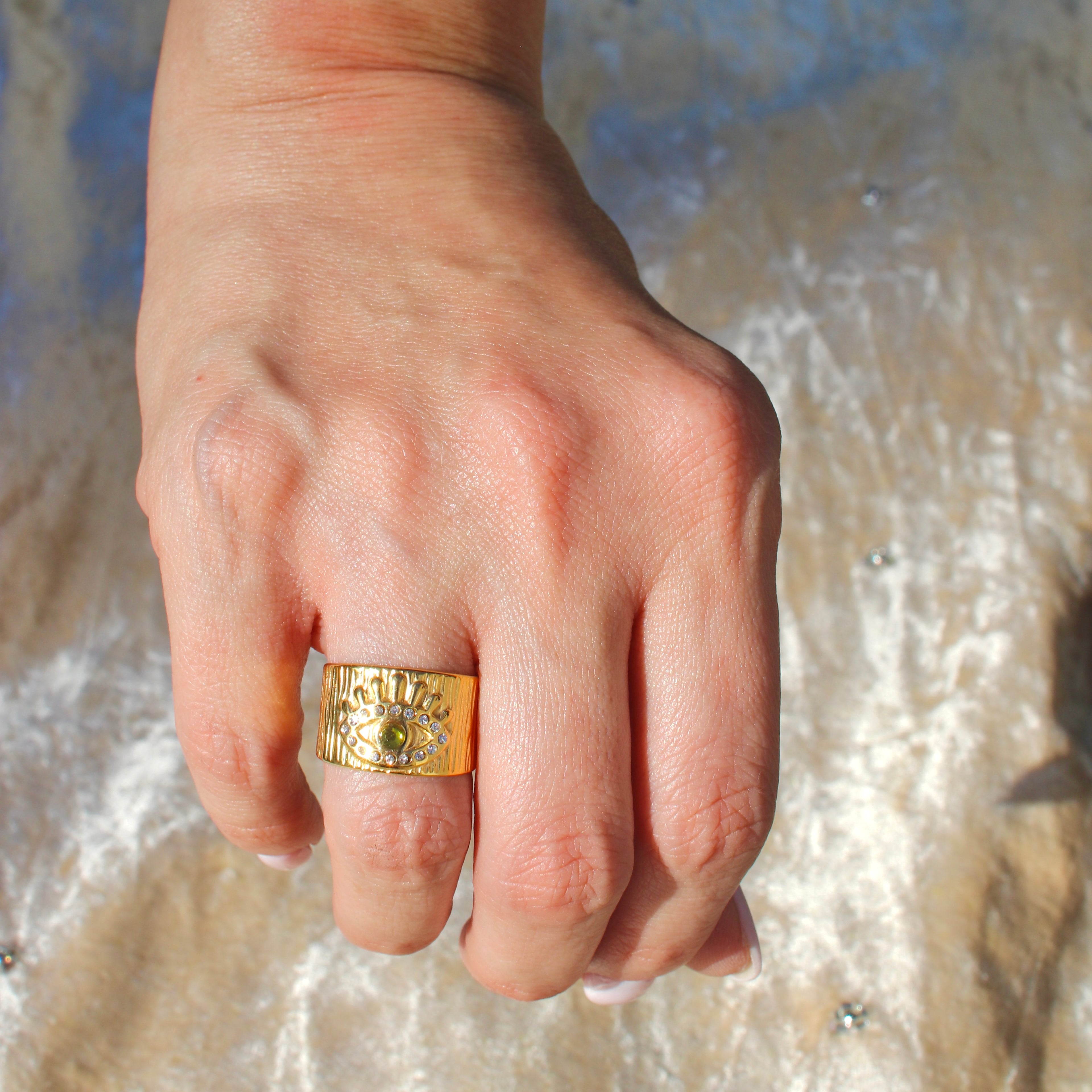 Green Rhinestone 18k Gold Plated Open Ring