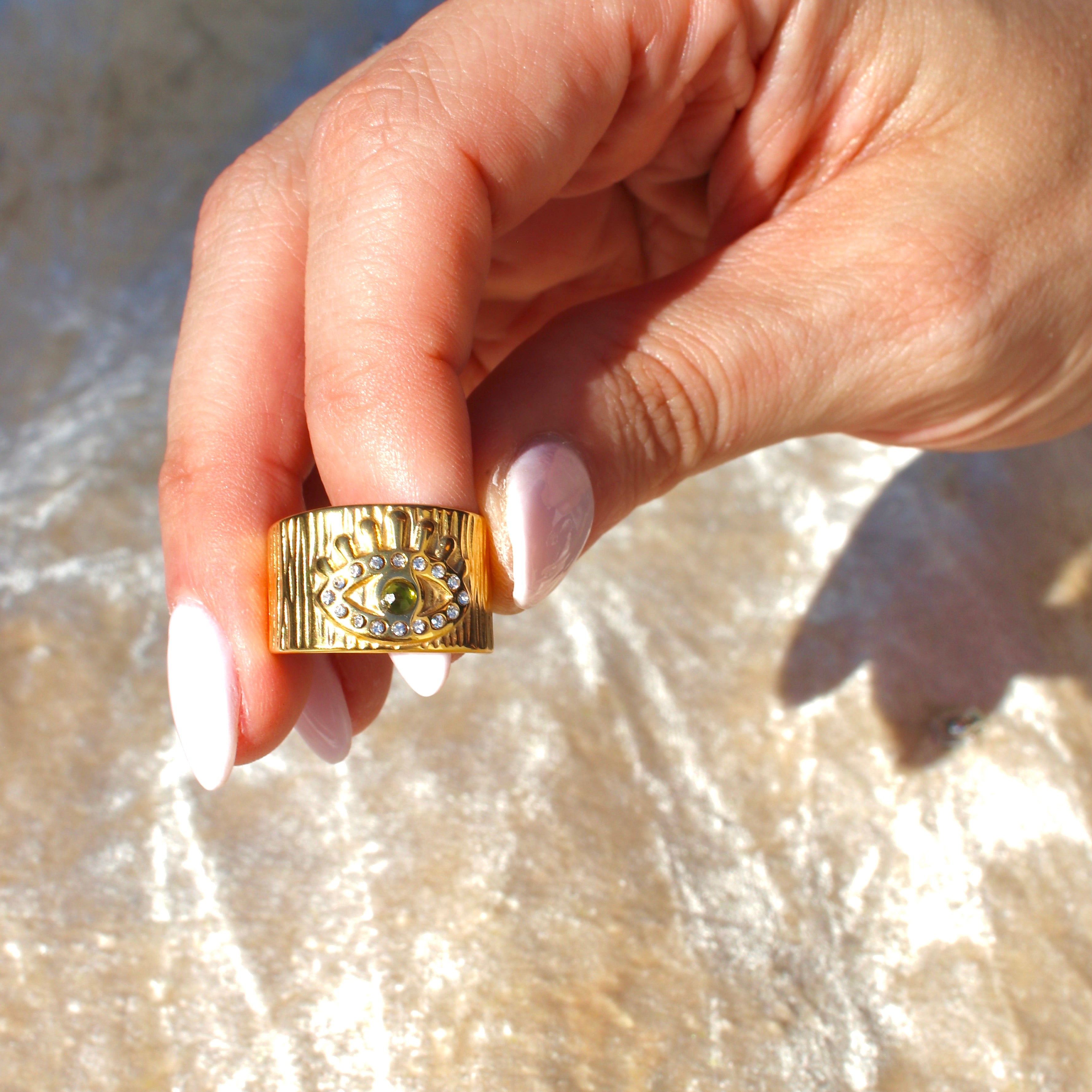 Green Rhinestone 18k Gold Plated Open Ring