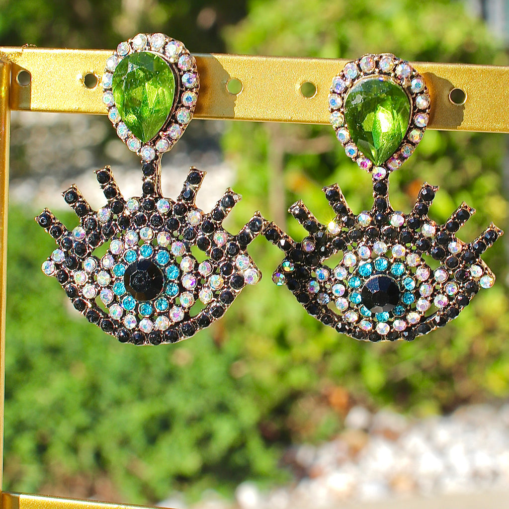 Green Diamond-studded Evil Eye Earrings