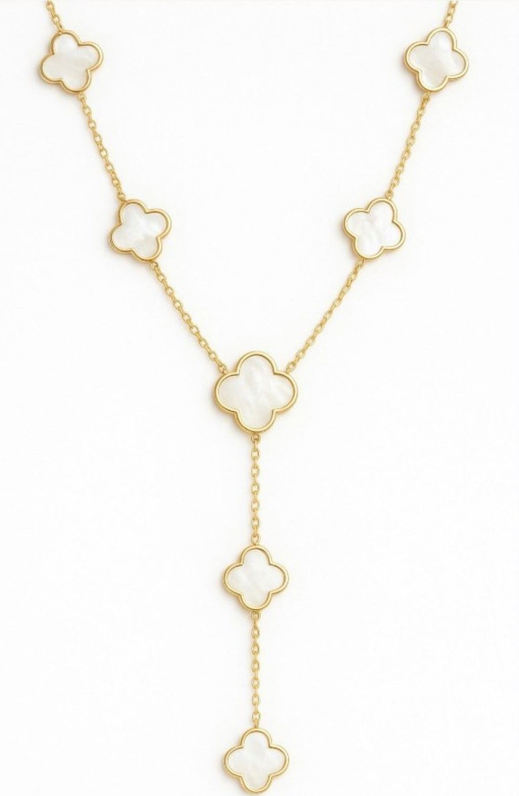 White and Gold clover Cascade Lariat Necklace