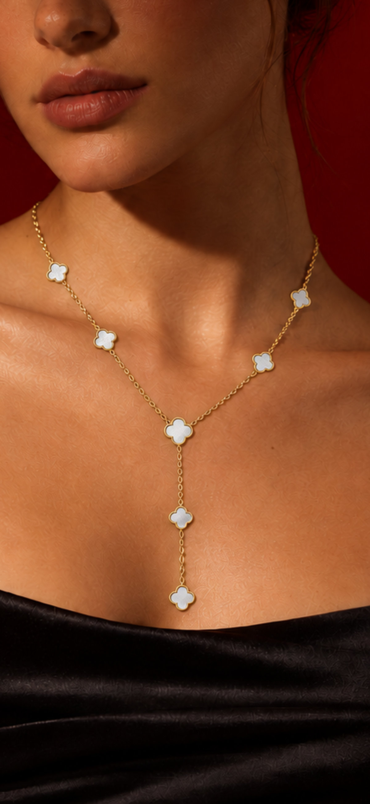White and Gold clover Cascade Lariat Necklace