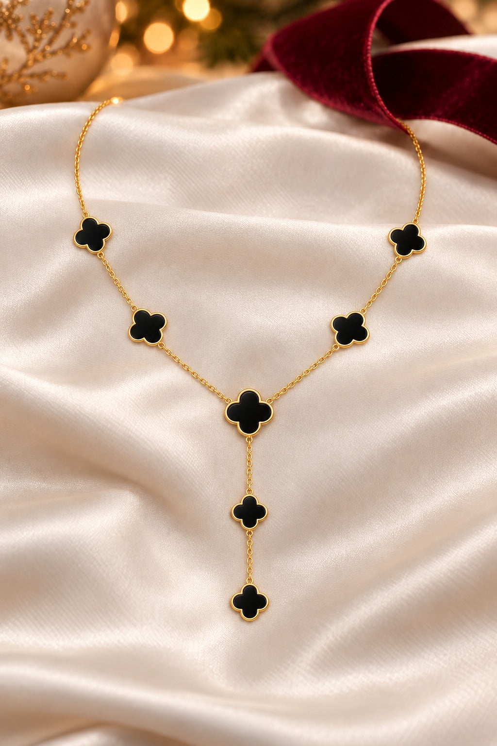 Black and Gold clover Cascade Lariat Necklace