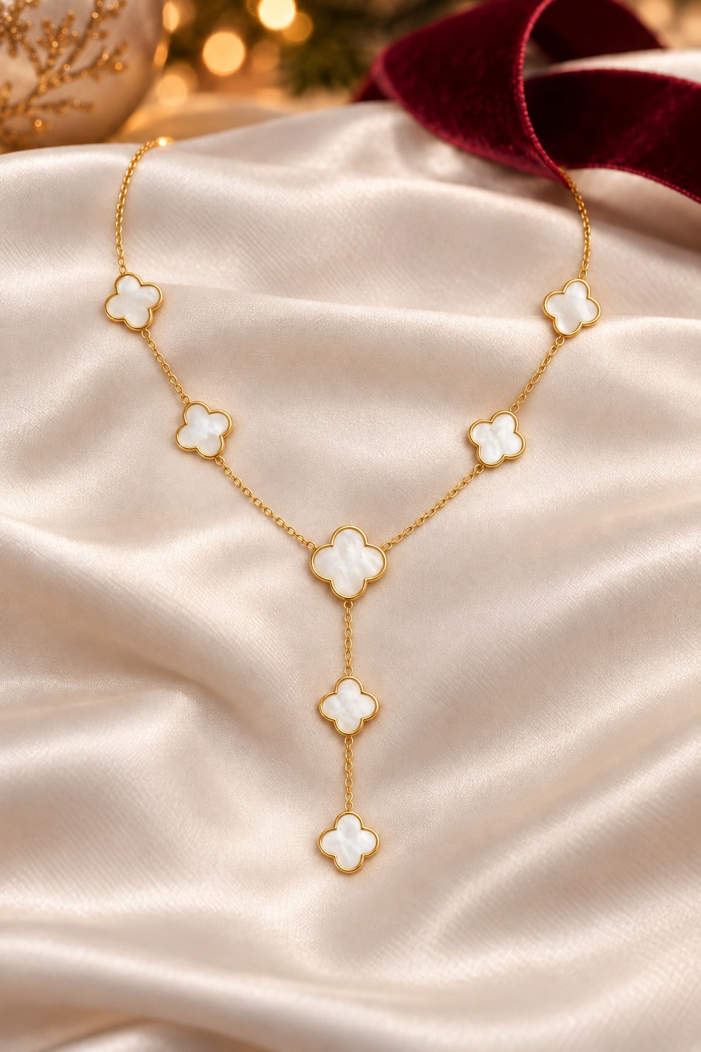 White and Gold clover Cascade Lariat Necklace