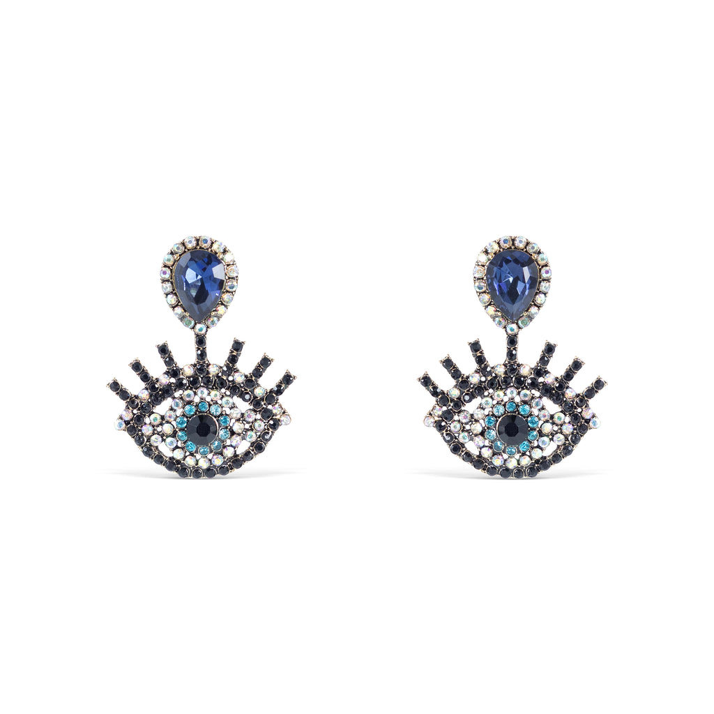 Blue Diamond Studded Evil Eye Earrings