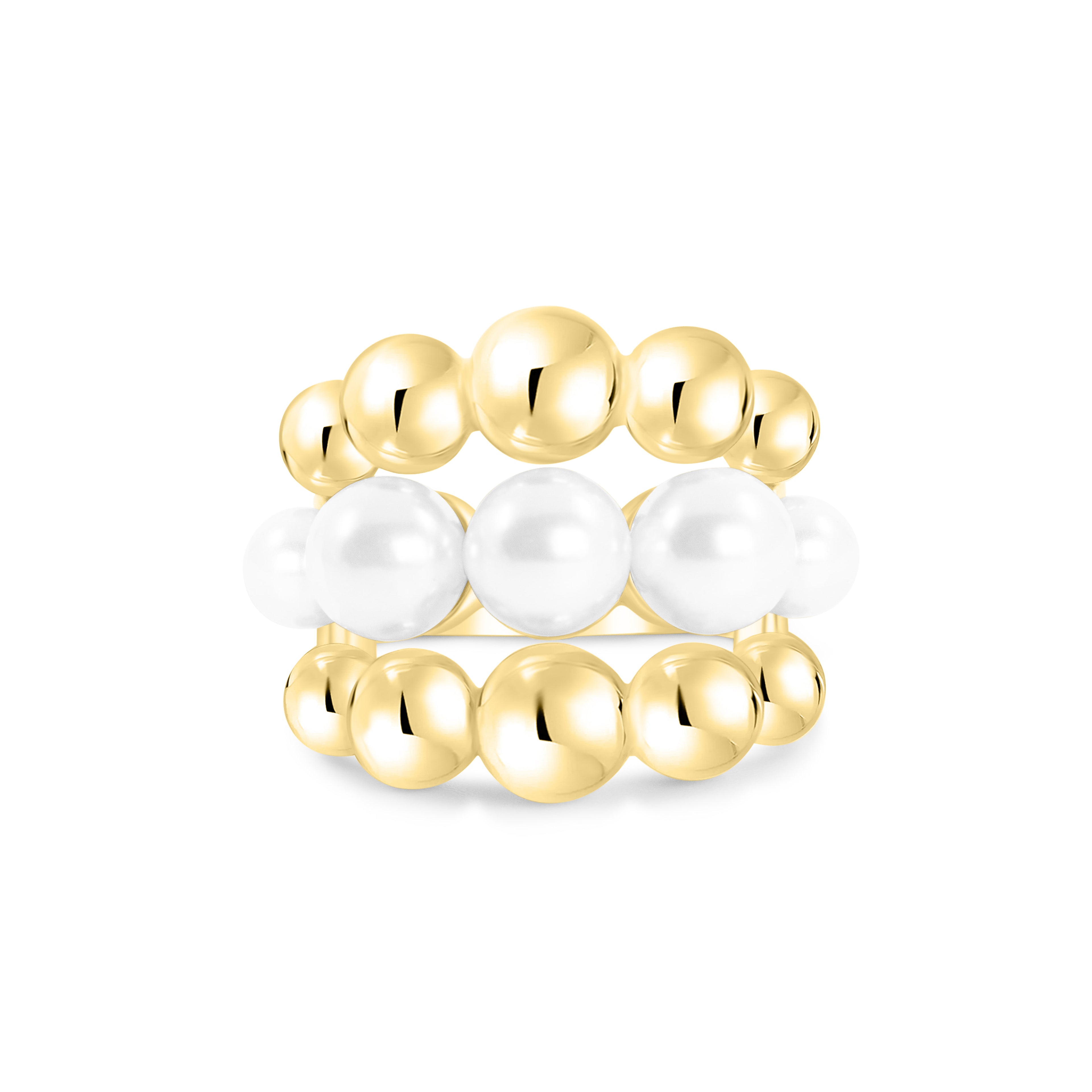A gold-plated stainless steel round pearl ring with hollow-out inlay pearl accents.
