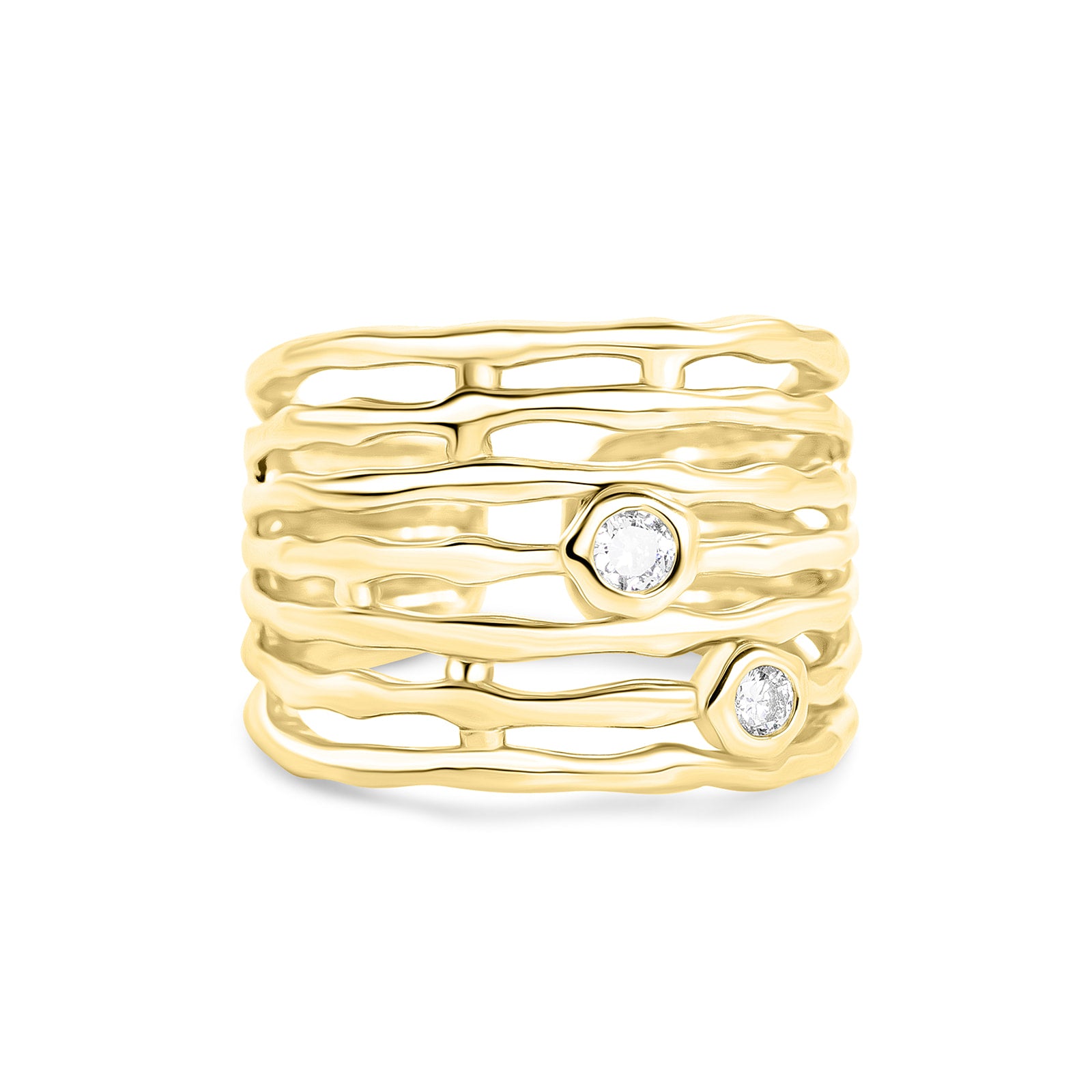 Gold Wide Multiple Bamboo Geometric Cz Band Statement Ring