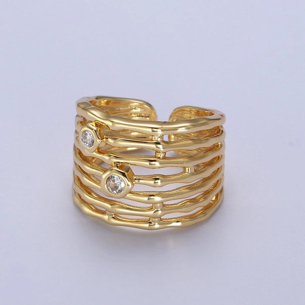 Gold Wide Multiple Bamboo Geometric Cz Band Statement Ring