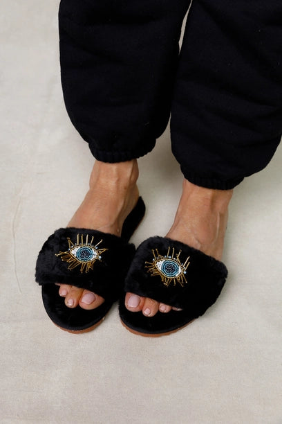 Black Beaded Evil Eye Slippers