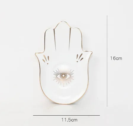 Decorative Hamsa hand with an eye design on a white background, shown with measurements.